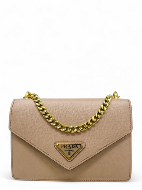 Bolso "Saffiano Soft Calfskin Metal Triangle Logo Envelope Chain Shoulder Bag"