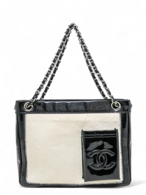 Boslo "Chanel Black/Off White Pony Hair and Patent Leather Chain Tote"