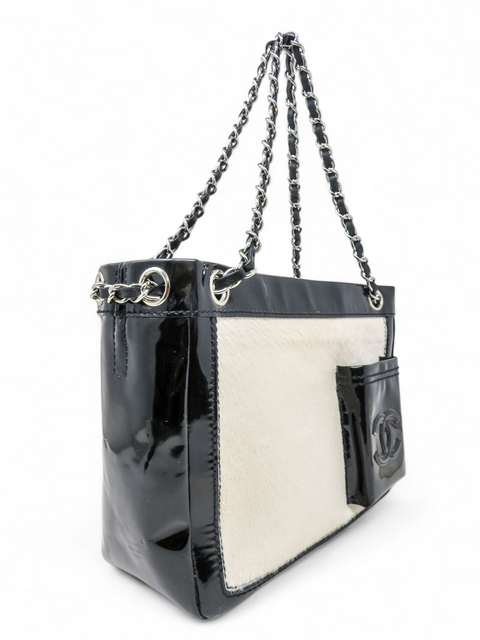 Boslo "Chanel Black/Off White Pony Hair and Patent Leather Chain Tote"