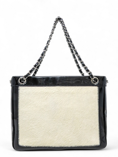 Boslo "Chanel Black/Off White Pony Hair and Patent Leather Chain Tote"