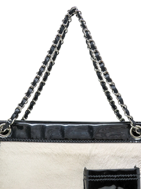 Boslo "Chanel Black/Off White Pony Hair and Patent Leather Chain Tote"